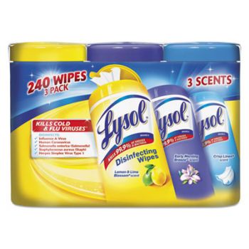 Disinfecting Wipes, Crisp Linen/Early Morn/Lemon Lime, 7 x 8, 80/Canister, 3/PK