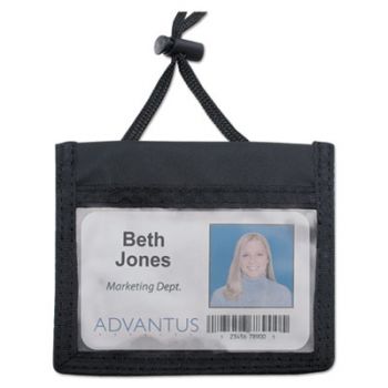 ID Badge Holder w/Convention Neck Pouch, Horizontal, 4 x 2 1/4, Black, 12/Pack