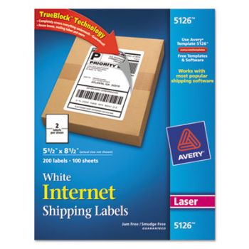 Shipping Labels w/Ultrahold Ad & TrueBlock, Laser, 5 1/2 x 8 1/2, White, 200/Box