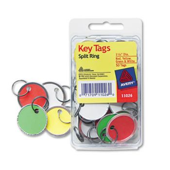 Metal Rim Key Tags, Card Stock/Metal, 1 1/4 dia, Assorted Colors, 50/Pack
