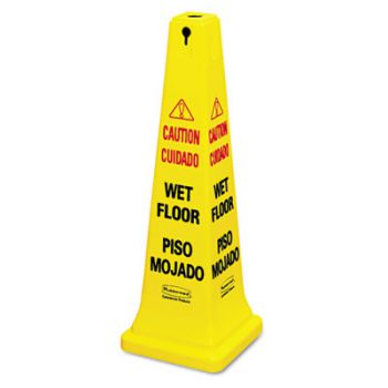 Four-Sided Caution, Wet Floor Yellow Safety Cone, 12 1/4 x 12 1/4 x 36h
