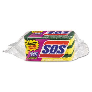 Heavy Duty Scrubber Sponge, 3/Pk, 2 1/2 x 4 1/2, .9" Thick, Yellow-Green, 24/Ctn