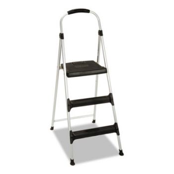Aluminum Step Stool, 3-Step, 225lb, 28 29/64" Working Height, Platinum/Black