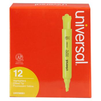 Desk Highlighter, Chisel Tip, Fluorescent Yellow, 12/Pk