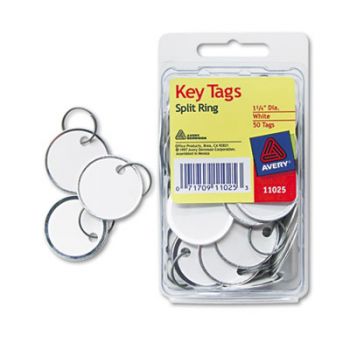 Metal Rim Key Tags, Card Stock/Metal, 1 1/4 dia, White, 50/Pack