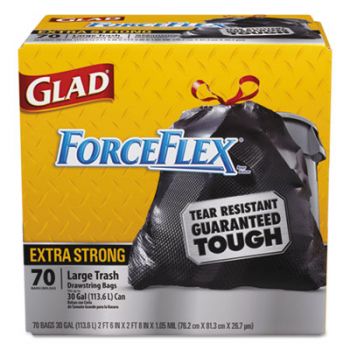 Drawstring ForceFlex Large Trash Bags, 30 x 32, 30gal, 1.05mil, Black, 70/Carton