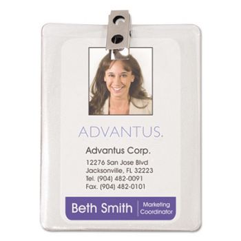 ID Badge Holder w/Clip, Vertical, 3w x 4h, Clear, 50/Pack