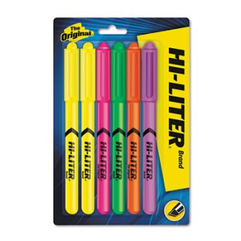 Pen Style Highlighter, Chisel, Assorted Fluorescent Colors, 6/Set