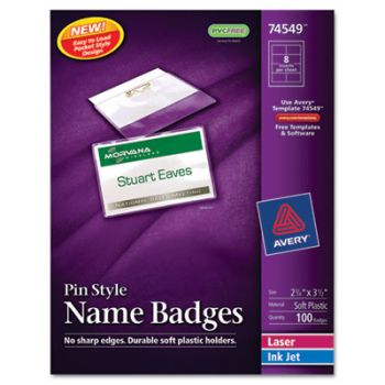 Badge Holder Kit w/Laser/Inkjet Insert, Top Load, 2 1/4 x 3 1/2, White, 100/BX
