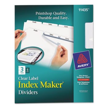 Print & Apply Clear Label Dividers w/White Tabs, 3-Tab, Letter, 5 Sets