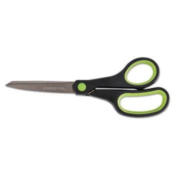 Office Scissors, 8" L, Straight, Titanium Coated Blades, Pointed Tip, Black/Blue