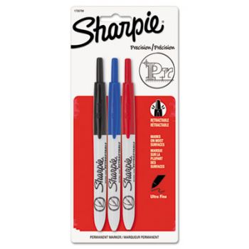 Retractable Permanent Marker, Ultra Fine Tip, Black, Blue, Red, 3/Set