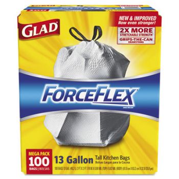 ForceFlex Tall Kitchen Drawstring Bags, 13 gal, .90mil, 24x25 1/8 White 100/Bx