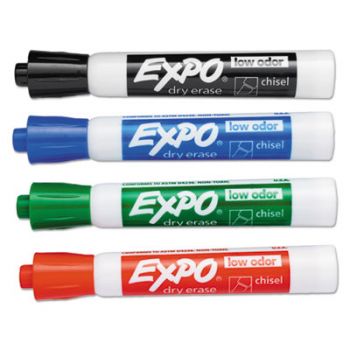 Low Odor Dry Erase Marker, Bullet Tip, Assorted, 4 per Set