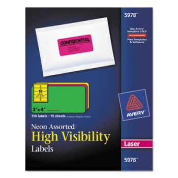 High Visibility Rectangle Laser Labels, 2 x 4, Assorted Neons, 150/Pack