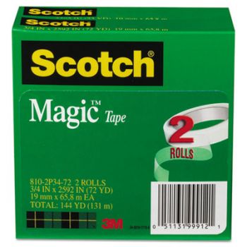 Magic Tape, 3/4" x 2592", 3" Core, 2/Pack