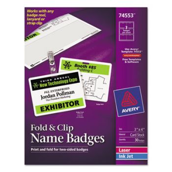 Fold & Clip Badges, 3 x 4, White, 30/Box