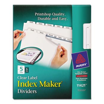 Print & Apply Clear Label Dividers w/White Tabs, Copiers, 5-Tab, Letter, 5 Sets