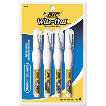Wite-Out Shake 'n Squeeze Correction Pen, 8 ml, White, 4/Pack
