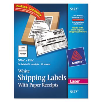Shipping Labels w/Paper Receipt, TrueBlock, 5 1/16 x 7 5/8, White, 50/Pack
