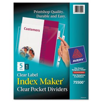 Index Maker Print & Apply Clear Label Dividers w/Clear Pockets, 5-Tab, Letter