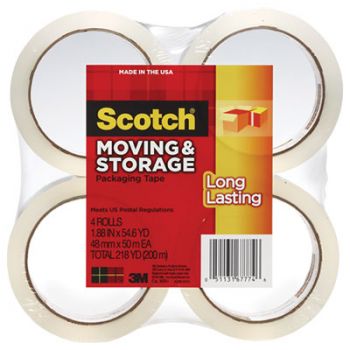 Moving & Storage Tape, 1.88" x 54.6yds, 3" Core, Clear, 4 Rolls/Pack