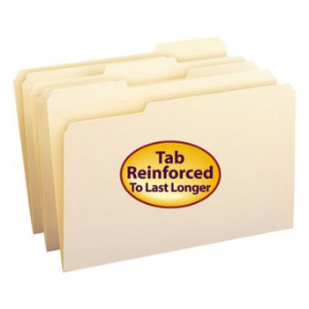 File Folders, 1/3 Cut Assorted, Reinforced Top Tab, Legal, Manila, 100/Box