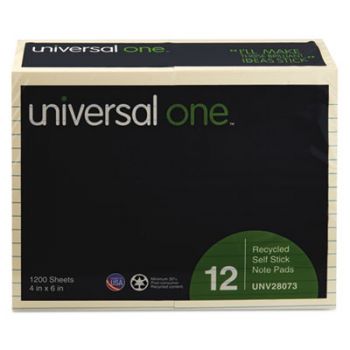 Recycled Sticky Notes, 4 X 6, Lined, Yellow; 12 100-Sheet Pads/Pack