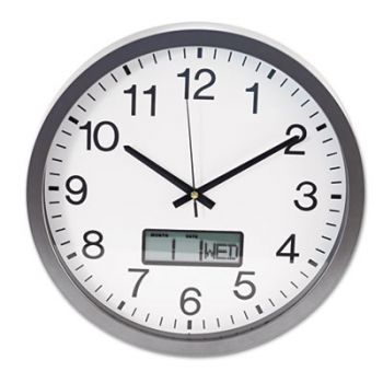 Round Wall Clock with LCD Inset, 14", Gray