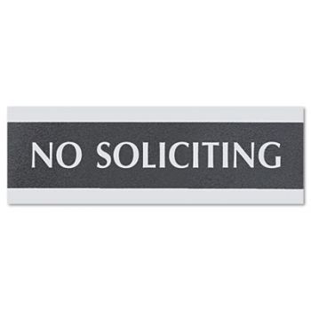 Century Series Office Sign, NO SOLICITING, 9 x 3, Black/Silver