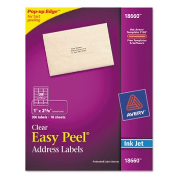 Clear Easy Peel Mailing Labels, Inkjet, 1 x 2 5/8, 300/Pack