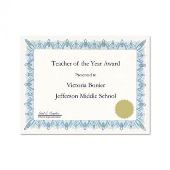 Award Certificates w/Gold Seals, 8-1/2 x 11, Unique Blue Border, 25/Pack