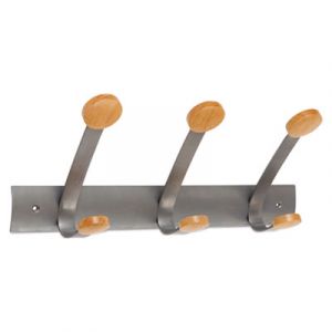 Wooden Coat Hook, Three Wood Peg Wall Rack, Brown/Silver