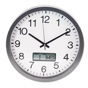Round Wall Clock with LCD Inset, 14", Gray
